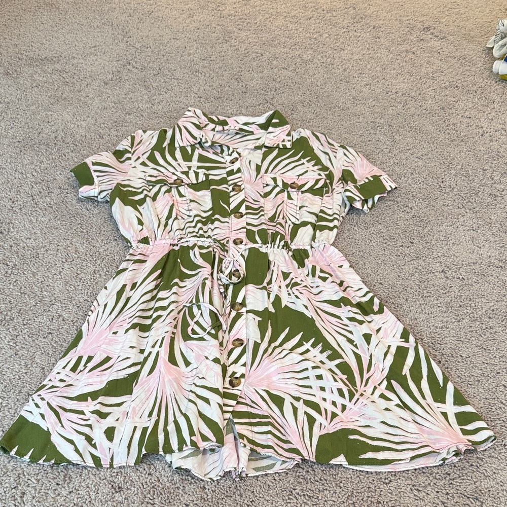 LOFT Olive Green & Light Pink Tropical Shirt Mini Dress